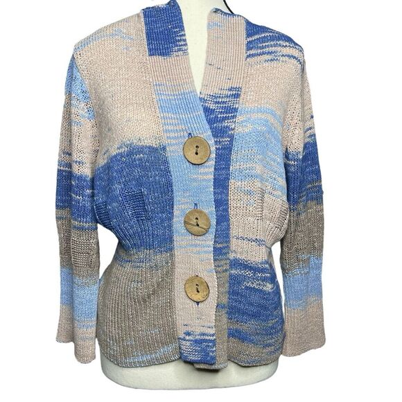 Orvis Cardigan Sweater‎ Women's L Wooden Buttons Cable Knit Patchwork Beachy - Picture 3 of 8